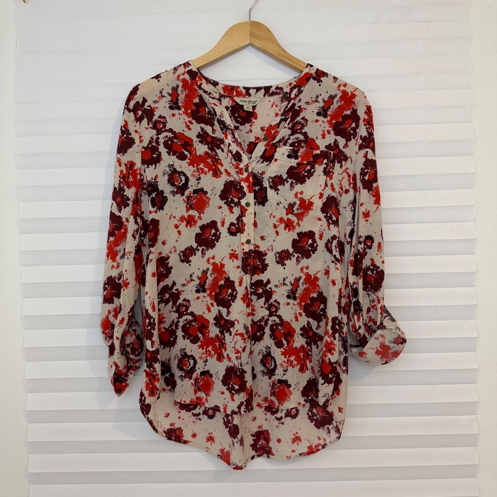Lucky Brand Womens Floral Button Up Blouse Red Burgundy Long Tab Sleeve Size M
